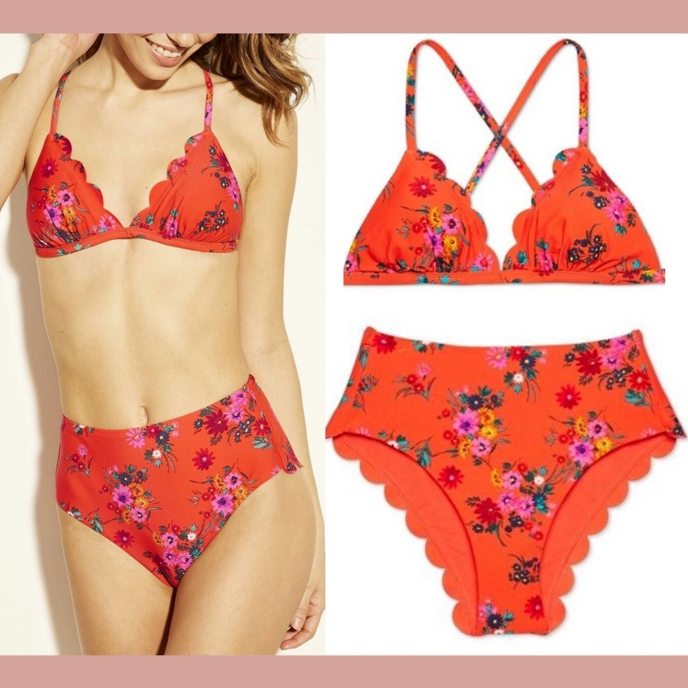 NWT Xhilaration Scallop Bikini Top + High‎ Waist Cheeky Bottom [SZ Small ]